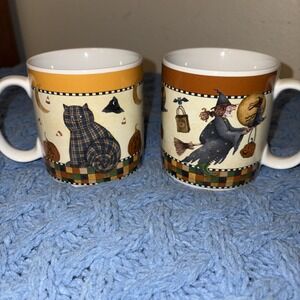 Sakura Halloween Debbie Mumm Mugs Cat Jack-O-Lantern And Witch On Broom Cup 1998